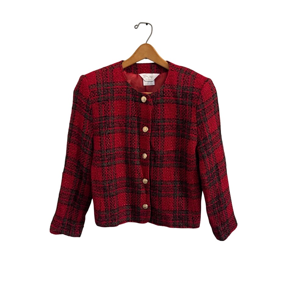 Tan Jay Vintage Red Plaid Tweed Blazer Gold Crest Button Jacket US 12 A2886